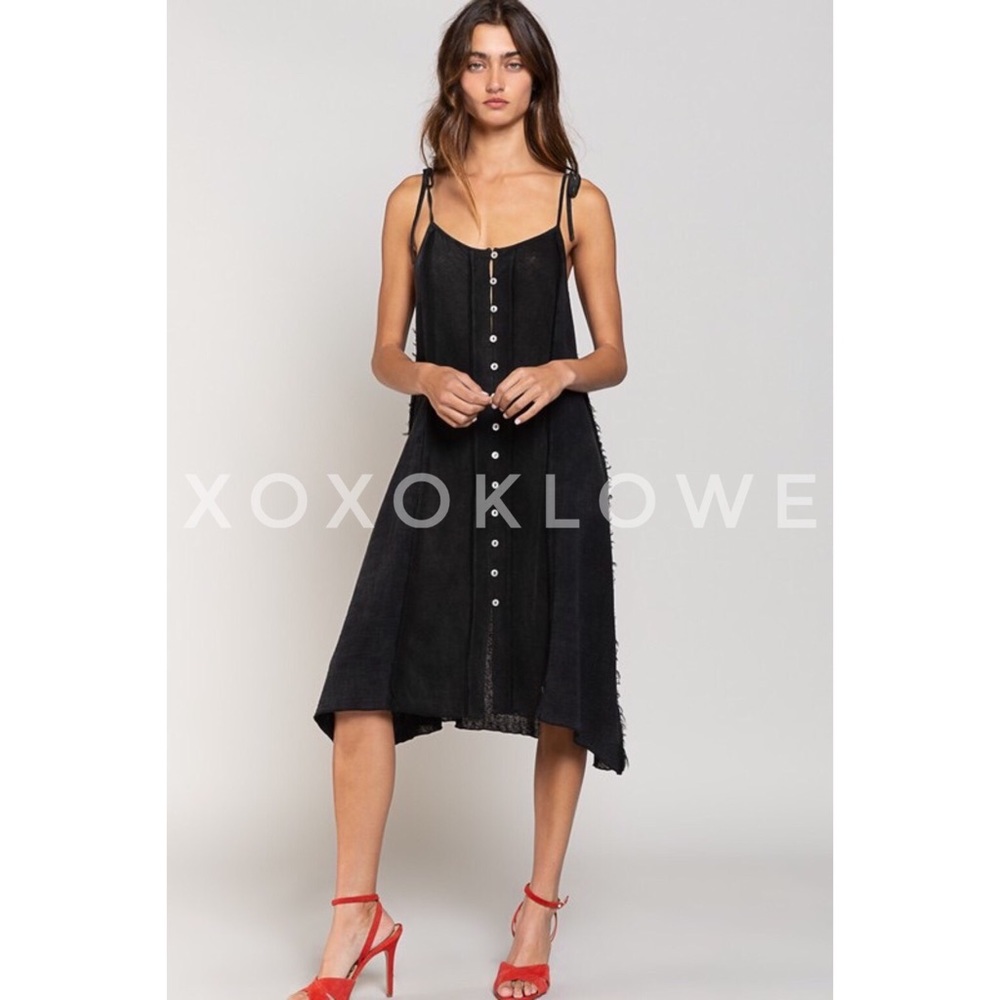 POL Black Spaghetti Strap Button Front Mid Length Sundress